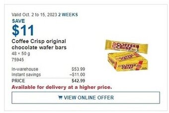 Costco Coffee Crisp original chocolate wafer bars 48 x 50g offer