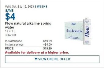 Costco Flow natural alkaline spring water offer
