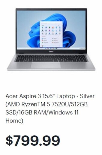 Best Buy Acer Aspire 3 15.6" Laptop - Silver (AMD RyzenTM 5 7520U/512GB SSD/16GB RAM/Windows 11 Home) offer