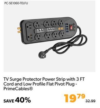 Shopper+ Tv surge protector power strip with 3 ft cord and low profile flat pivot plug - primecables offer