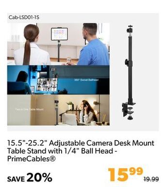 Shopper+ 15.5-25.2 adjustable camera desk mount table stand with 1/4 ball head - primecables offer
