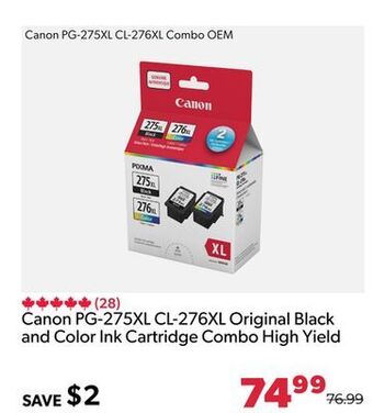 Shopper+ Canon pg-275xl cl-276xl original black and color ink cartridge combo high yield offer