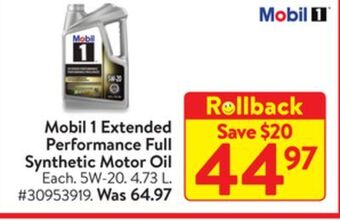 Walmart Mobil 1 extended performance full synthetic motor oil offer