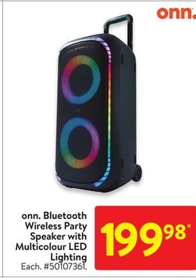 Walmart Onn. bluetooth wireless party speaker with multicolour led lighting offer