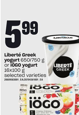 Loblaws Liberté greek yogurt, 650/750 g or iögo yogurt, 16x100 g offer