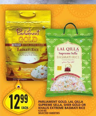 Food Basics Parliament gold, lal qilla supreme sella, sher gold or khalis extreme basmati rice offer