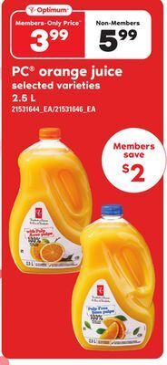 Loblaws Pc orange juice, 2.5 l offer
