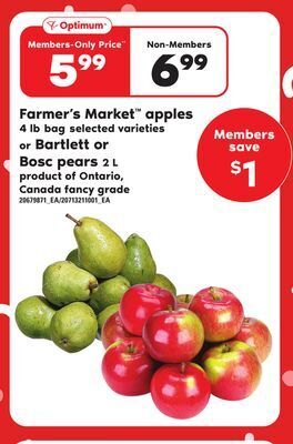 Independent Grocer Farmer's market apples, 4 lb bag or bartlett or bosc pears, 2 l offer