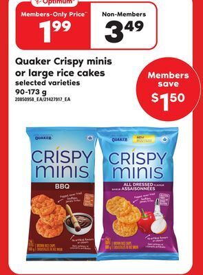 Independent Grocer Quaker crispy minis or large rice cakes, 90-173 g offer