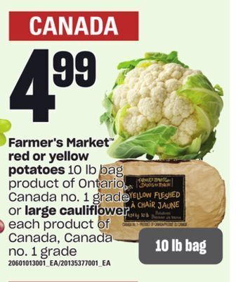 Independent Grocer Farmer's market red or yellow potatoes, 10 lb bag or large cauliflower, each offer
