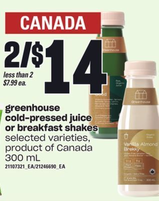 Independent Grocer Greenhouse cold-pressed juice or breakfast shakes, 300 ml offer