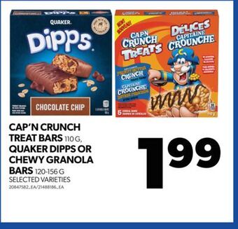 Real Canadian Superstore Cap'n crunch treat bars, 110 g, quaker dipps or chewy granola bars, 120-156 g offer