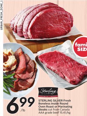 Sobeys Fresh boneless inside round oven roast or marinating steaks offer