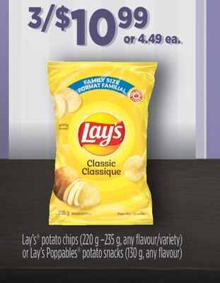 Fortinos Lay's potato chips (220 g-235 g, any flavour/variety) or lay's poppables potato snacks (130 g, any flavour) offer