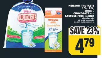 No Frills Neilson trutaste, 1%, 2%, skim or chocolate 4 l or lactose free, 2 l milk offer