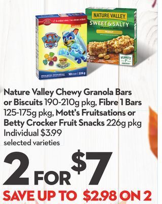 Longo's Nature valley chewy granola bars or biscuits 190-210g pkg, fibre 1 bars 125-175g pkg, mott's fruitsations or betty crocker fr offer