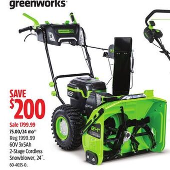Canadian Tire Greenworks 60v 3x5ah 2-stage cordless snowblower, 24 offer