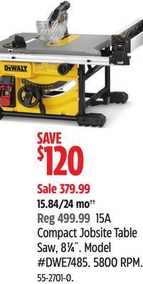 Canadian Tire Dewalt 15a compact jobsite table saw, 81⁄4 offer