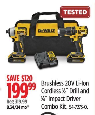 Canadian Tire Dewalt brushless 20v li-ion cordless 1/2 drill and 1/4 impact driver combo kit offer