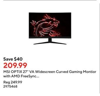 Staples Msi optix 27 va widescreen curved gaming montior with amd freesync technology - g27c5 offer