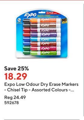 Staples Expo low odour dry erase markers - chisel tip - assorted colours - 16 pack offer