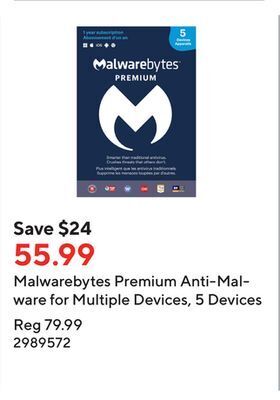 Staples Malwarebytes premium anti-malware for multiple devices, 5 devices offer