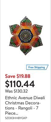 Walmart Ethnic avenue diwali christmas decorations - rangoli - 7 piece handmade wooden - multi design - for wall, floor or table deco offer
