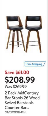 Walmart 2 pack midcentury bar stools 26 wood swivel barstools counter bar chair with pu upholstered seat backrest footrest offer