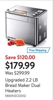 Walmart Upgraded 2.2 lb bread maker dual heaters offer