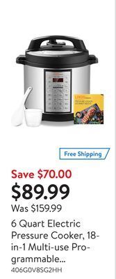 Walmart 6 quart electric pressure cooker, 18-in-1 multi-use programmable rice cooker stainless inner container offer