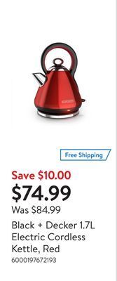 Walmart Black + decker 1.7l electric cordless kettle, red offer