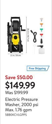 Walmart Electric pressure washer, 2000 psi max. 1.76 gpm offer