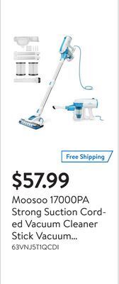 Walmart Moosoo 17000pa strong suction corded vacuum cleaner stick vacuum cleaner with motorized brush head for carpet hard floor offer
