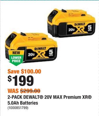 Home Depot 2-pack dewalt 20v max premium xr 5.0ah batteries offer