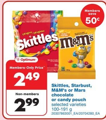 Wholesale Club Skittles, starbust, m&m's or mars chocolate or candy pouch, 100-191 g offer