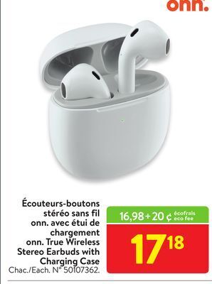 Walmart Onn. true wireless stereo earbuds with charging case offer