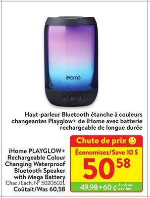 Walmart Ihome playglow+ rechargeable colour changing waterproof bluetooth speaker with mega battery offer