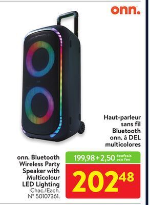 Walmart Onn. bluetooth wireless party speaker with multicolour led lighting offer