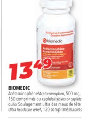 Familiprix Biomedic acetaminophen, 500 mg, tablets or caplets ultra headache relief, 120 comprimés/tablets offer