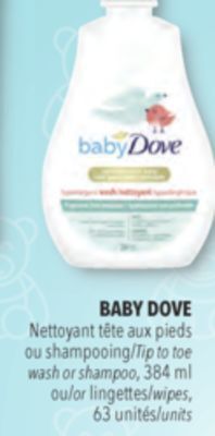 Familiprix Baby dove tip to toe wash or shampoo, 384 ml or wipes offer