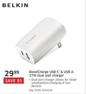 Belkin boostcharge usb-c & usb-a 37w dual wall charger