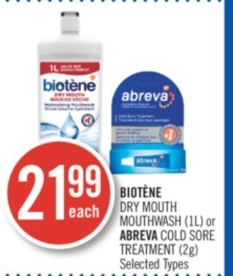 Shoppers Drug Mart Biotène dry mouth mouthwash (1l) or abreva cold sore treatment (2g) offer