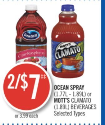 Shoppers Drug Mart Ocean spray (1.77l - 1.89l) or mott's clamato (1.89l) beverages offer