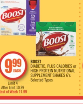 Shoppers Drug Mart Boost diabetic, plus calories or high protein nutritional supplement shakes offer