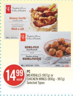 Shoppers Drug Mart Pc meatballs (907g) or chicken wings (800g - 907g) offer