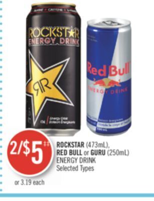 Shoppers Drug Mart Rockstar (473ml), red bull or guru (250ml) energy drink offer
