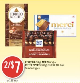 Shoppers Drug Mart Ferrero (90g), merci (4's) or ritter sport (100g) chocolate bar offer