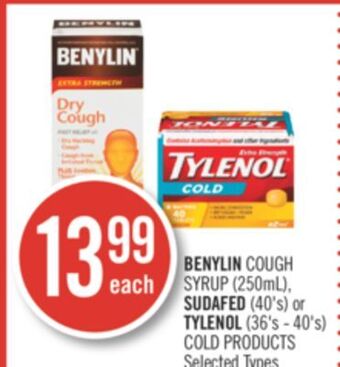 Shoppers Drug Mart Benylin cough syrup (250ml), sudafed (40's) or tylenol (36's - 40's) cold products offer