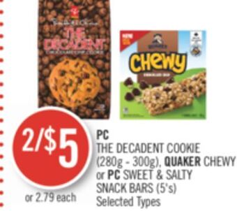 Shoppers Drug Mart Pc the decadent cookie (280g - 300g), quaker chewy or pc sweet & salty snack bars (5's) offer