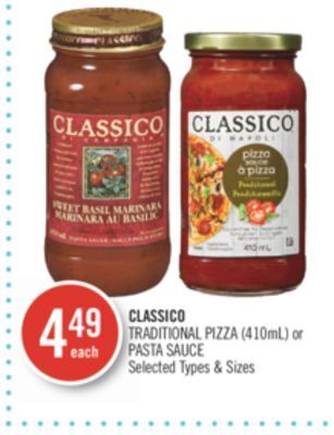 Shoppers Drug Mart Classico traditional pizza (410ml) or pasta sauce offer